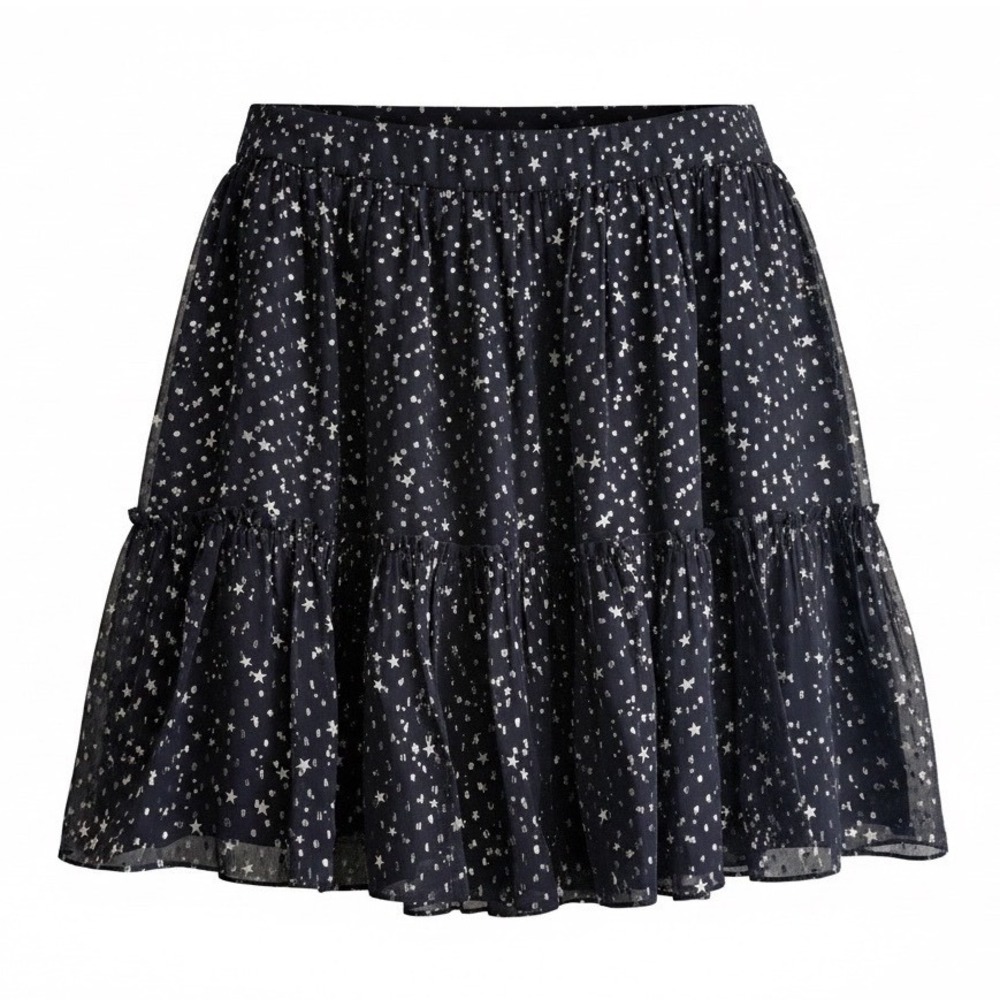 Kate Spade New York Silk Metallic Star Tiered Mini Skirt Navy Blue Silver Sz 14